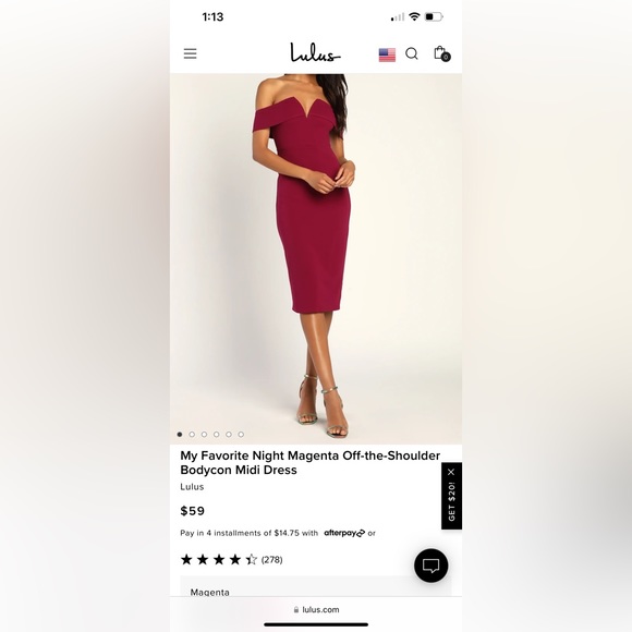 Lulu’s - “My Favorite Night” Magenta Off-the-Shoulder Bodycon Midi Dress - Picture 2 of 4